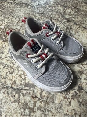 Sperry Kids Grey Canvas Sneakers with Red Trim